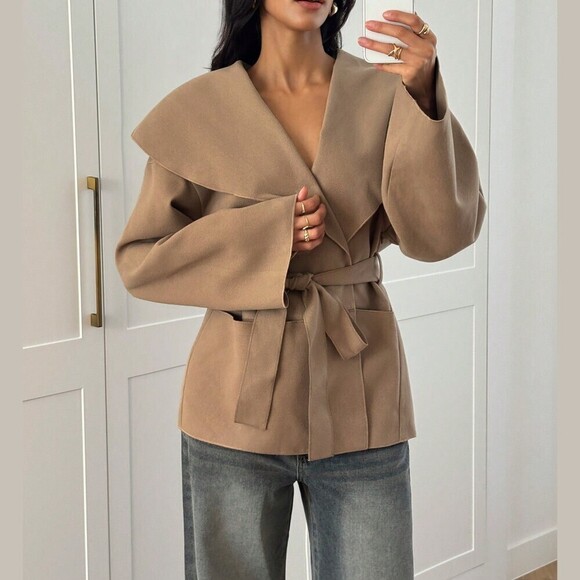 Jackets & Blazers - Tan Waterfall Collar Belted Wrap Coat